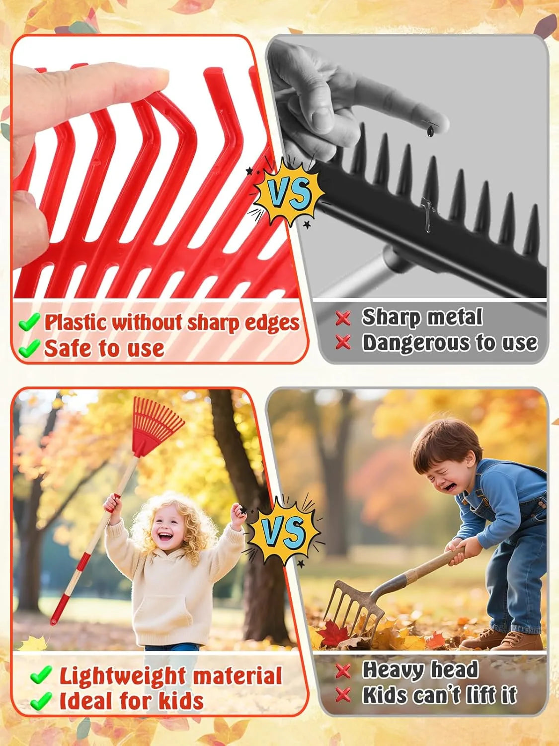 Kids rake tool 34 inches long designed for safe leaf raking