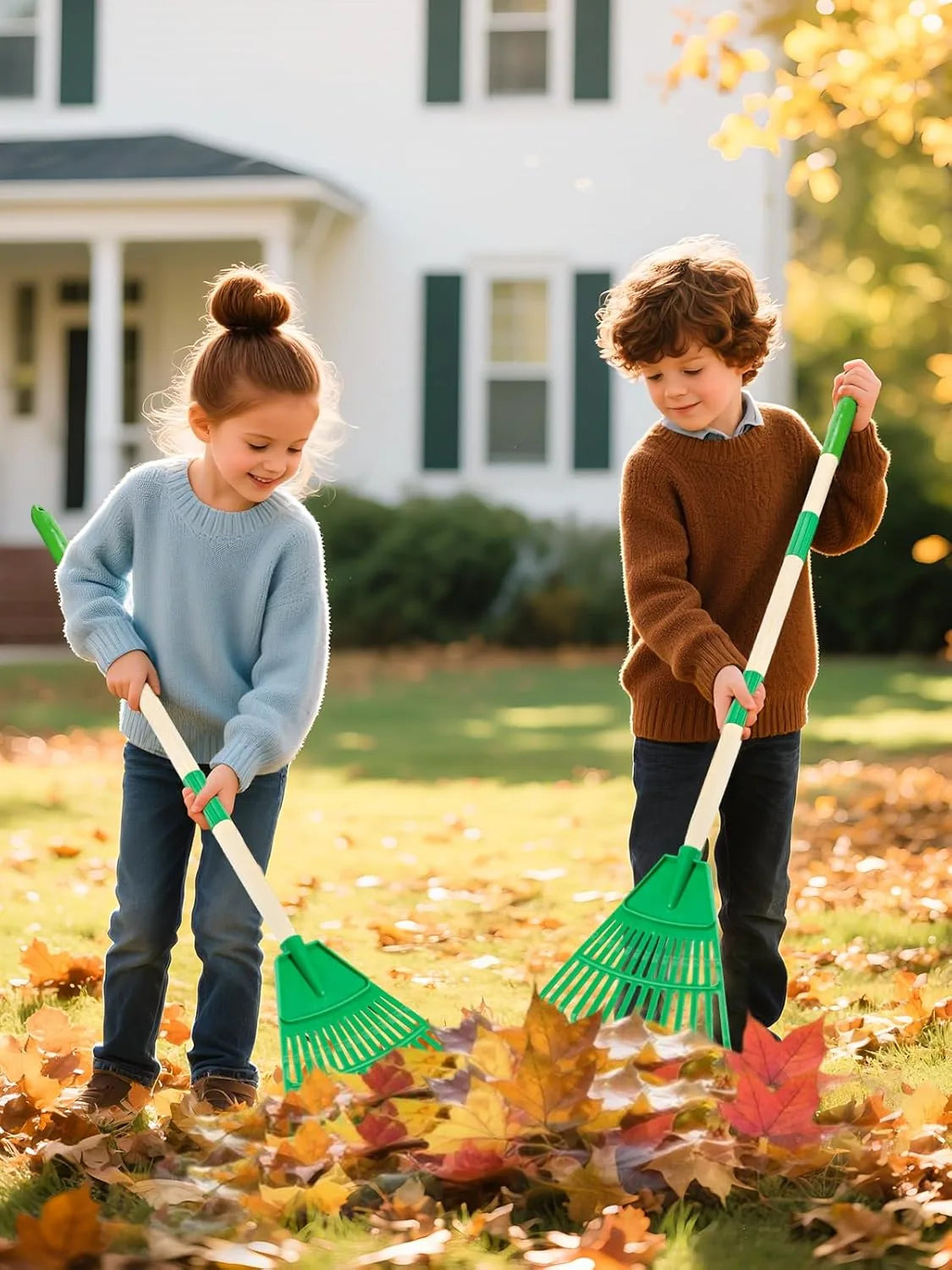 Two pack children's garden rakes with wooden handles for fall yard work