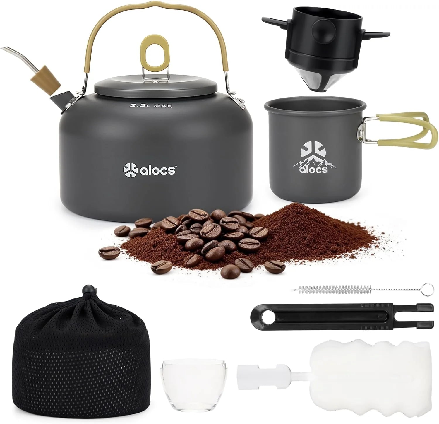 Alocs 2.3L hard anodized aluminum camping coffee pot with pour over kit