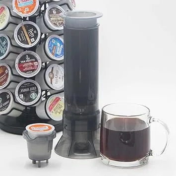 Compact K Cup compatible coffee press perfect for outdoor trips