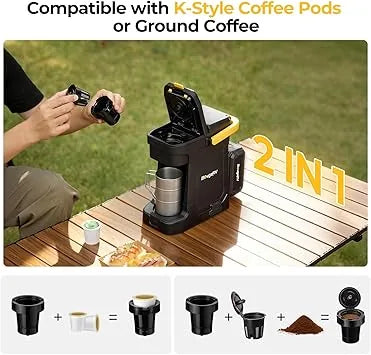 V 8Ah battery powered coffee maker with AC DC charging options
