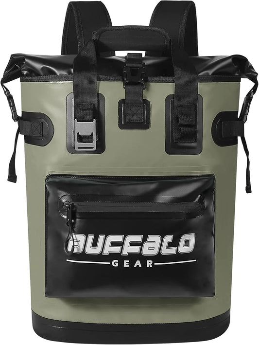 Buffalo Gear leakproof camping backpack cooler in blue displayed front view