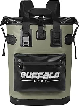 Side angle of insulated cooler backpack showing straps and construction detail