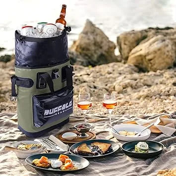 Man hiking outdoors wearing Buffalo Gear 30L cooler backpack on trail