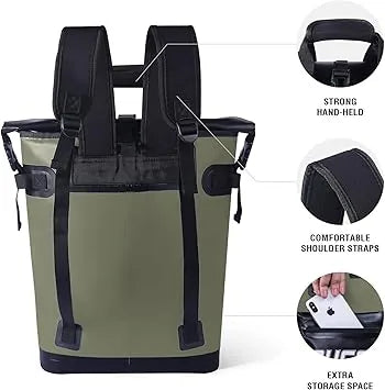 Buffalo Gear cooler backpack displayed next to camping gear for size reference