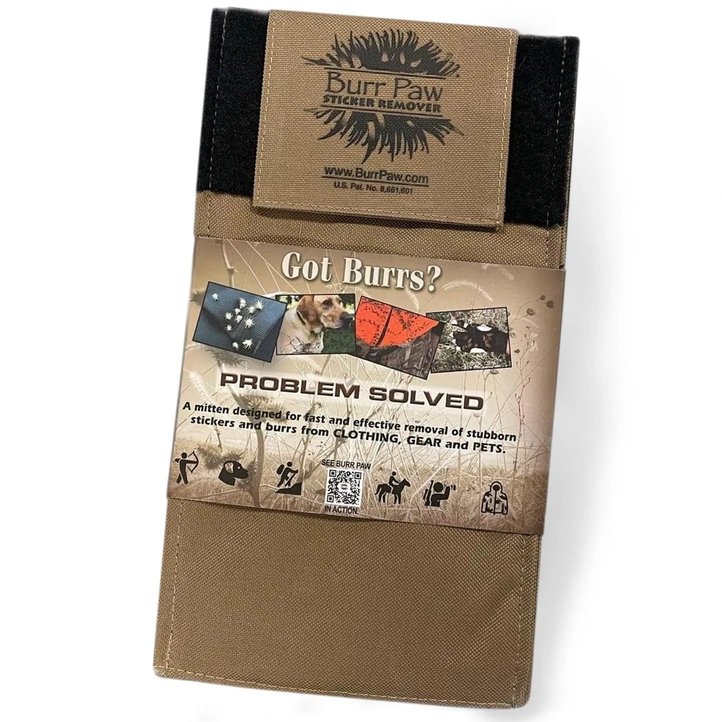 Tan burr removal tool effectively removing sticky burrs from dog fur