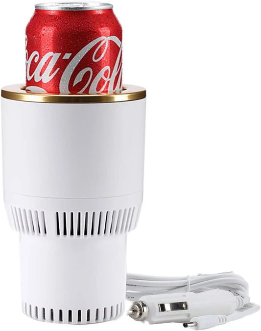 White and gold car cup holder with built-in drink cooler and mug warmer