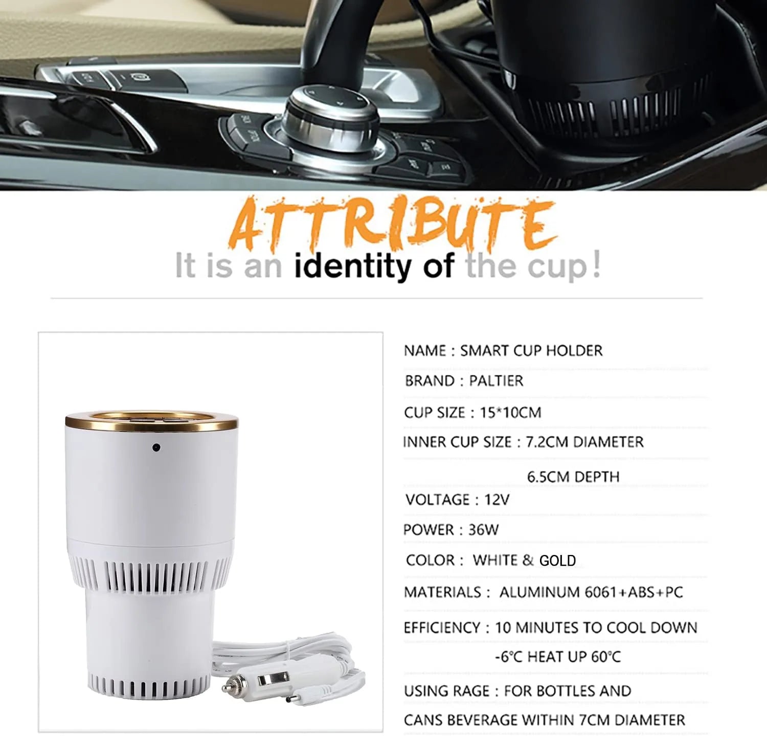 White car cup holder with integrated smart mug warmer technology