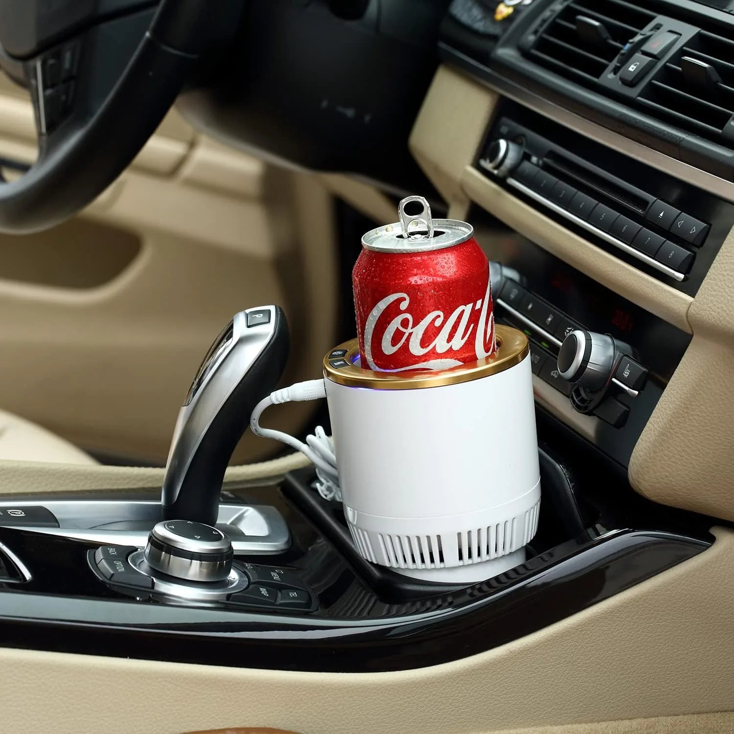 Dual-function car drink cooler and warmer holder in elegant white gold design