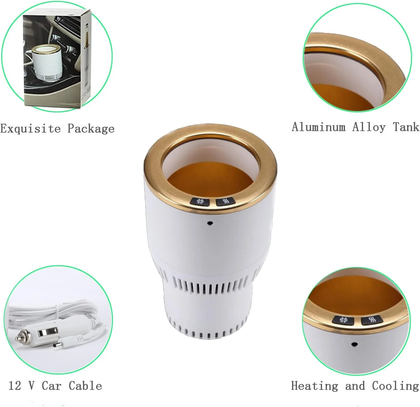 White gold automotive cup holder combining beverage cooler and mug warmer features