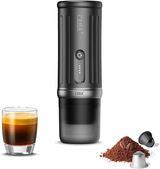 CERA+ portable electric espresso machine with self-heating capability for travel