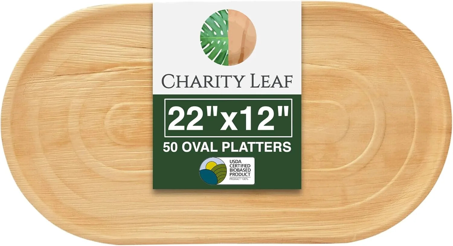 Stack of fifty eco-friendly palm leaf trays in natural tan color for events