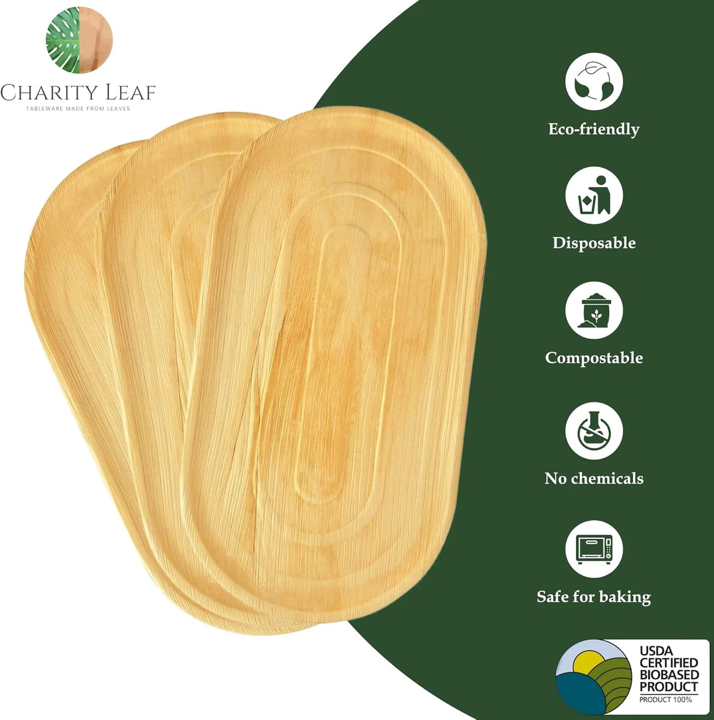 Biodegradable palm leaf serving platters perfect for weddings and charcuterie board displays