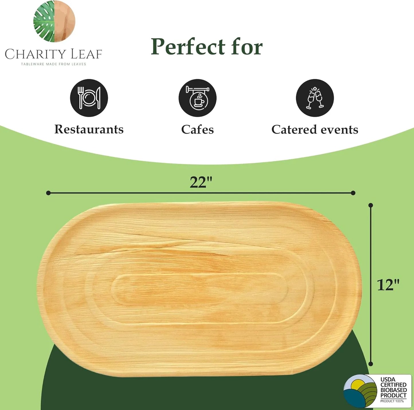 Compostable 22x12 inch natural palm leaf trays for sustainable catering and entertaining