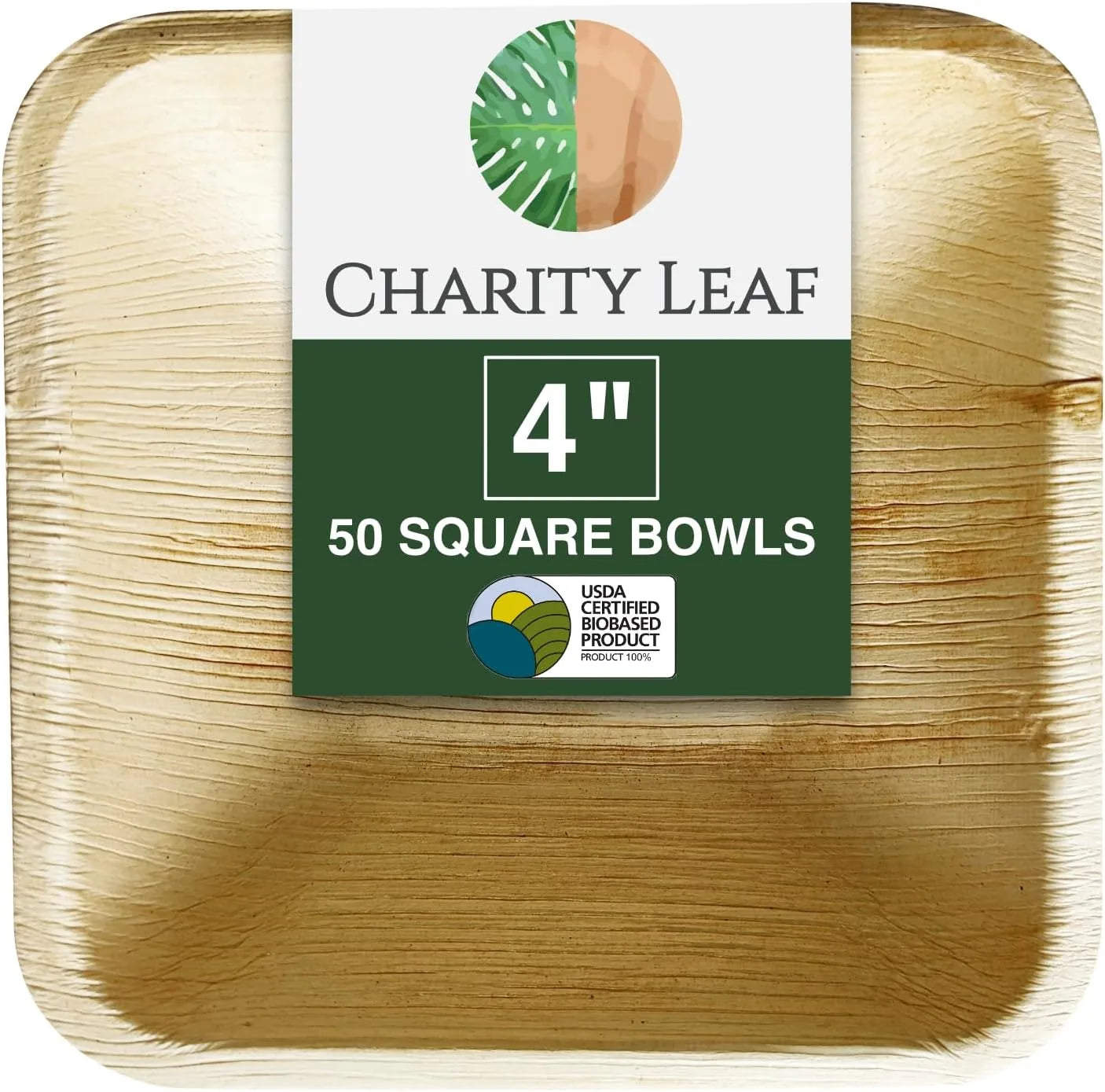 Pack of 50 natural palm leaf square bowls displayed in stack formation showing biodegradable material texture