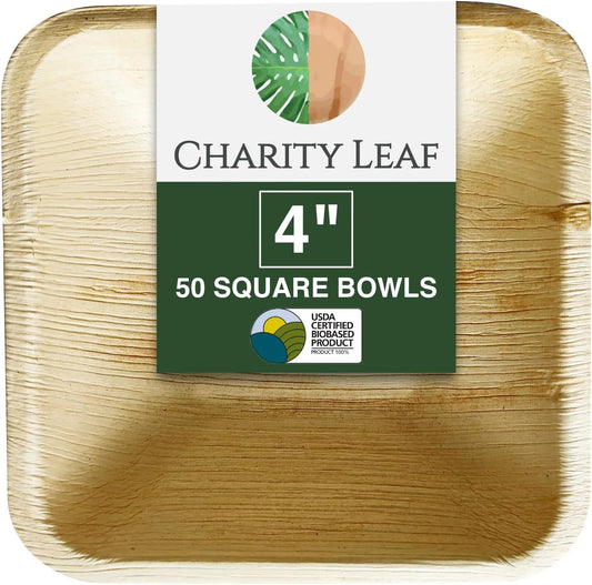 Pack of 50 natural palm leaf square bowls displayed in stack formation showing biodegradable material texture