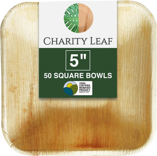 Pack of 50 natural palm leaf square dipping bowls displayed in organized rows