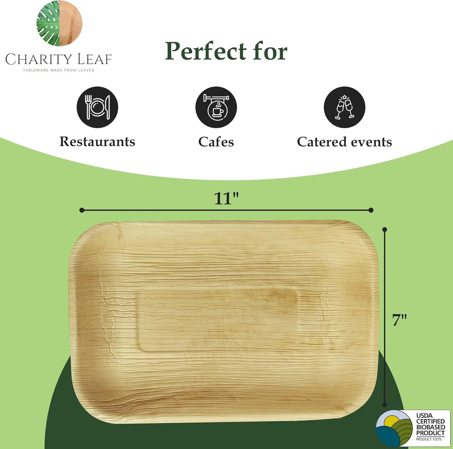 Compostable palm leaf platters 11 by 7 eco-friendly catering supplies