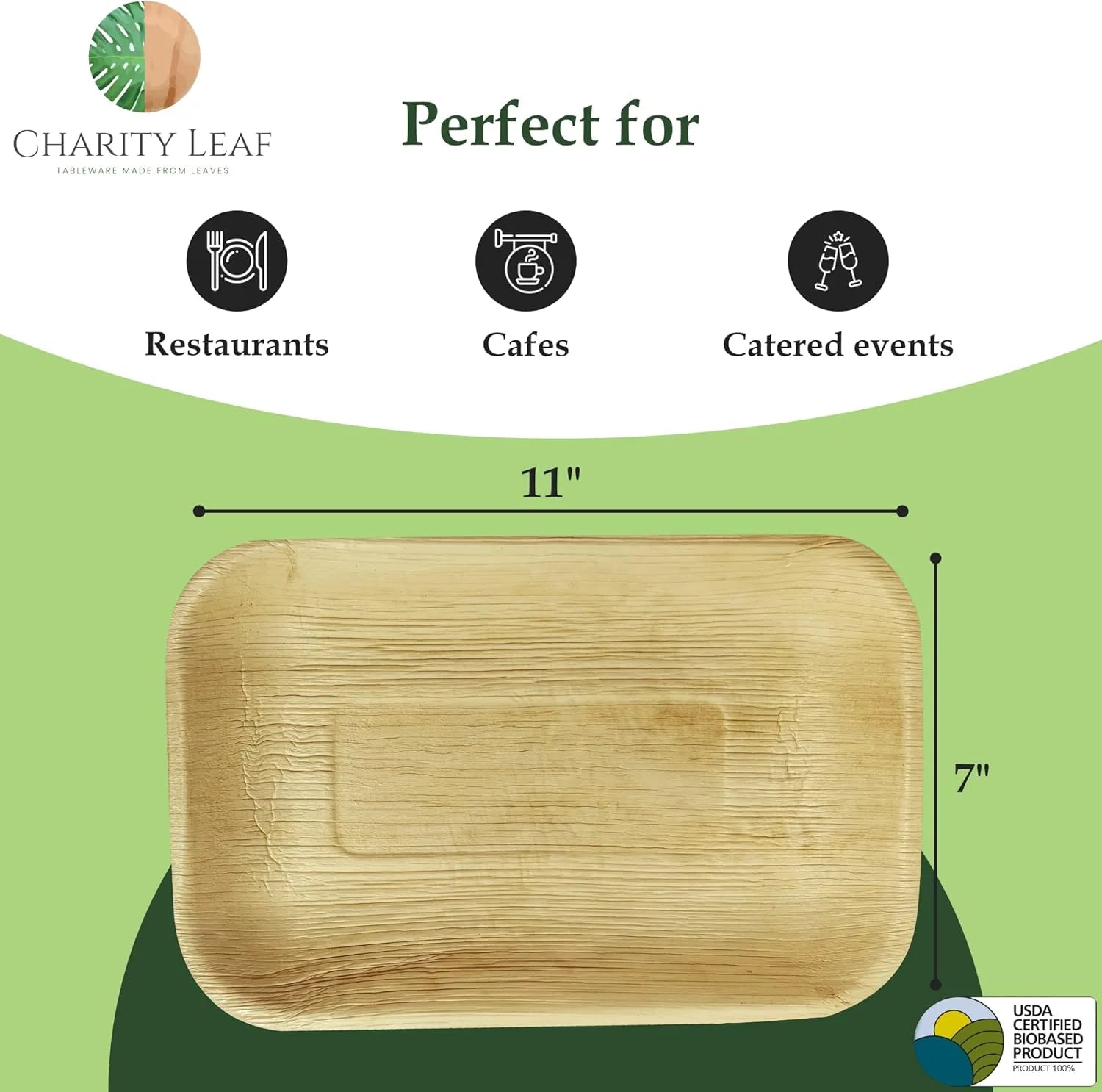 Compostable palm leaf platters 11 by 7 eco-friendly catering supplies