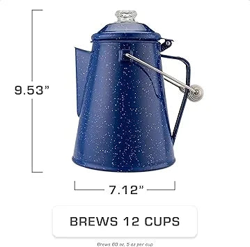 Nostalgic camping coffee pot COLETTI percolator in classic blue enamel