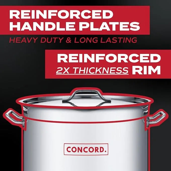 Reinforced rim handle detail on professional grade Concord stock pot cookware
