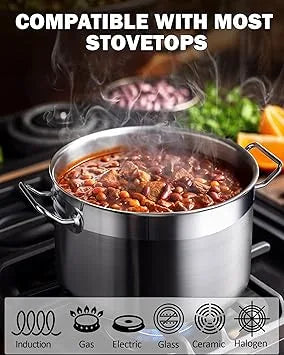 Close-up of stainless steel stockpot lid and heat-resistant handle detail