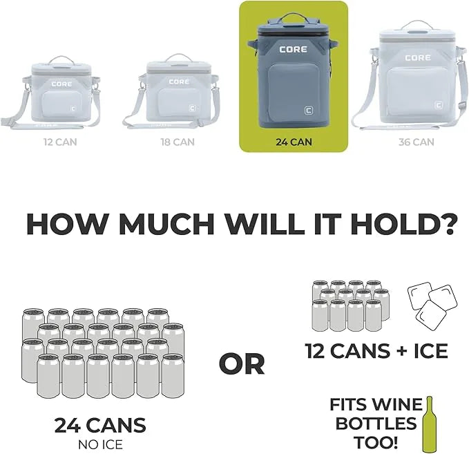 CORE soft cooler displayed next to water bottle for size reference
