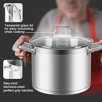 Stainless steel cookware close-up showing quality impact-bonded construction details