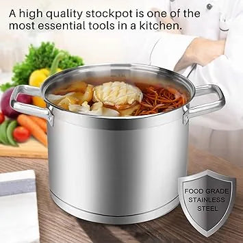 Eight point six quart stockpot displaying professional size and capacity