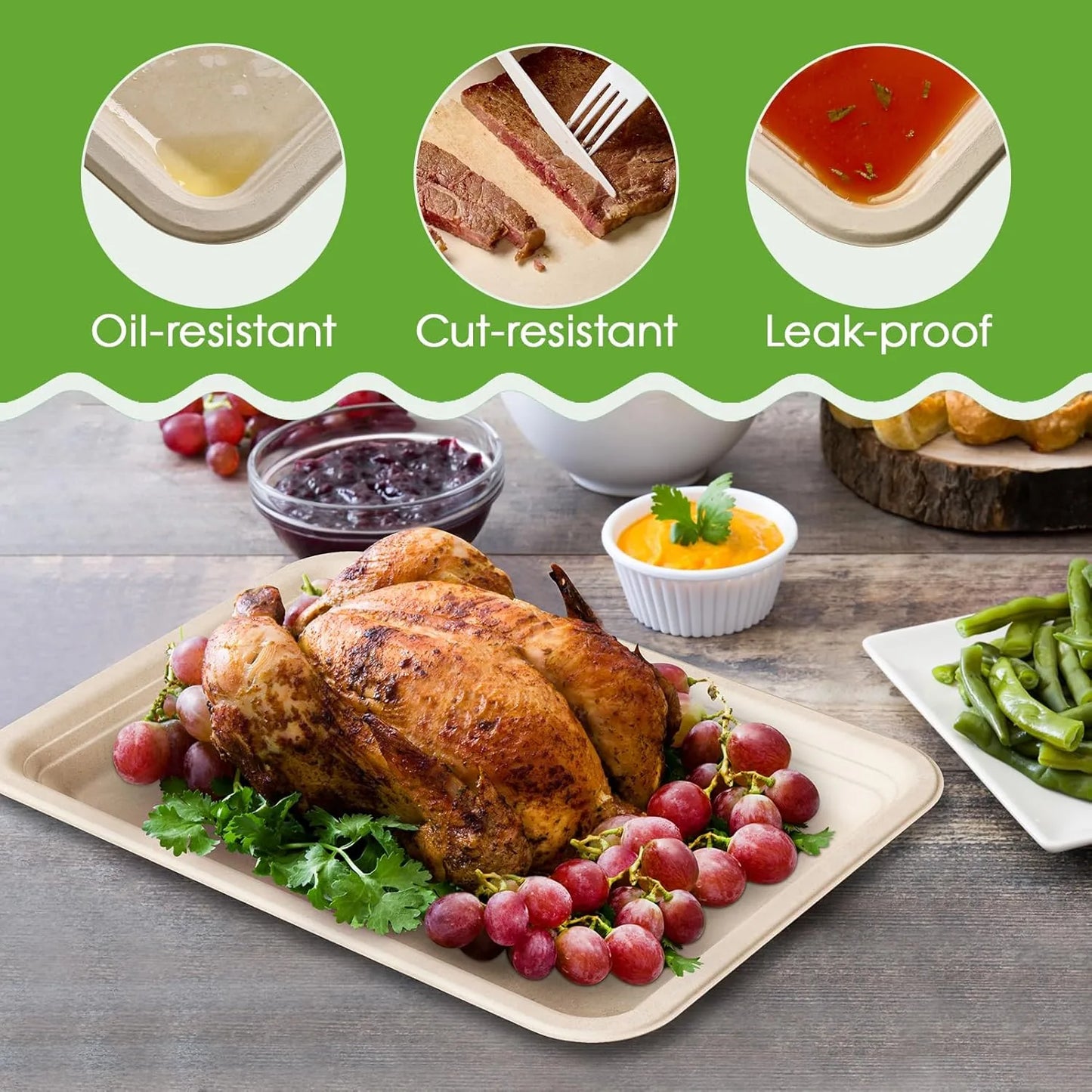 Large compostable food trays perfect for Thanksgiving turkey and BBQ serving