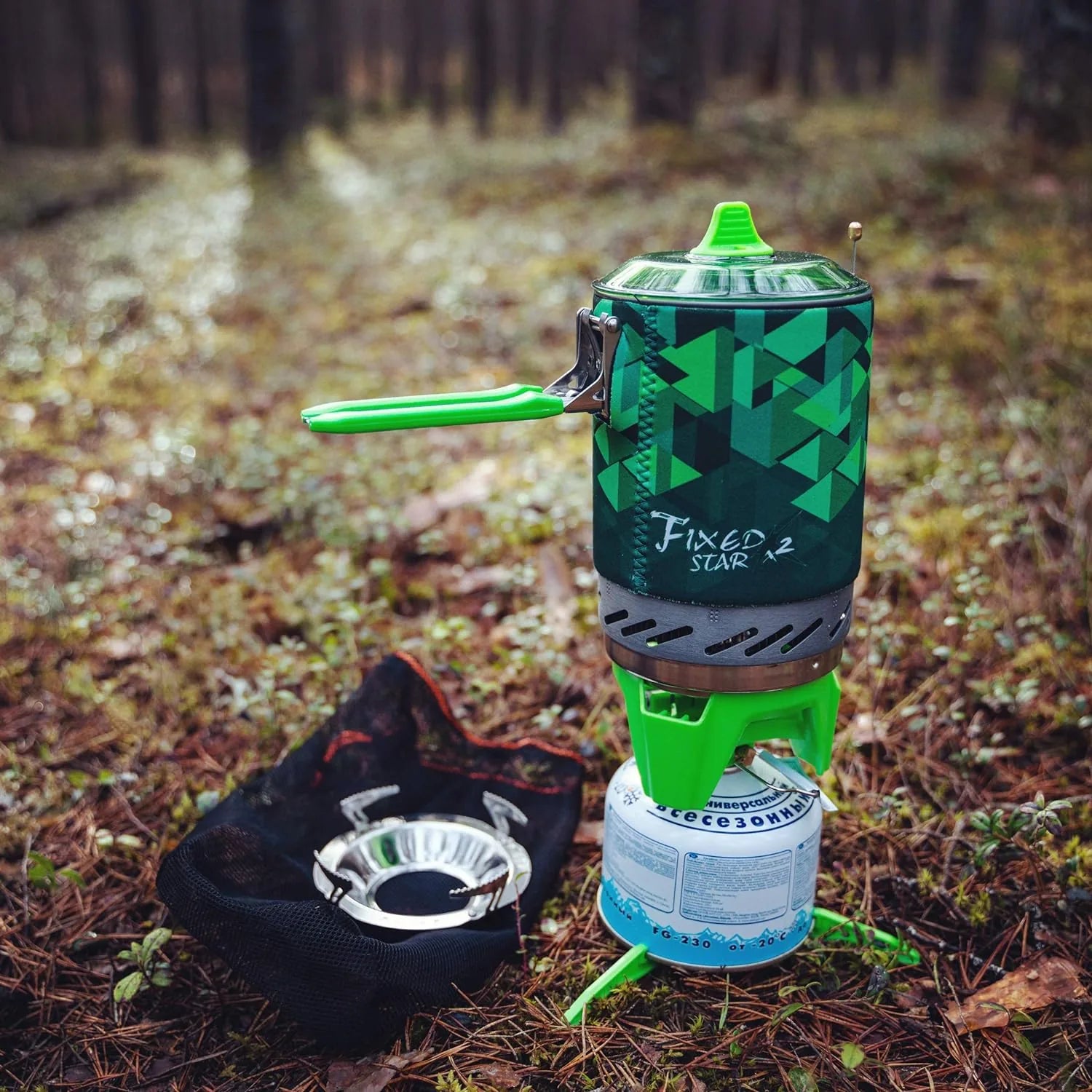 Portable camping stove set with pot for hiking and wilderness survival cooking