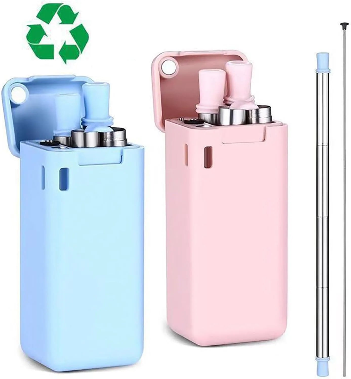 Blue collapsible straw storage box silicone tip cleaner brush included
