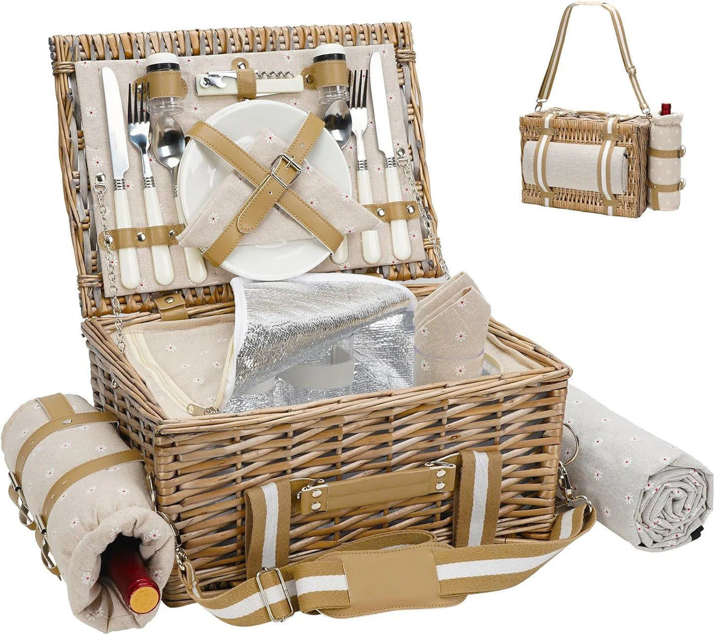 G GOOD GAIN wicker picnic basket set with white flower design displayed