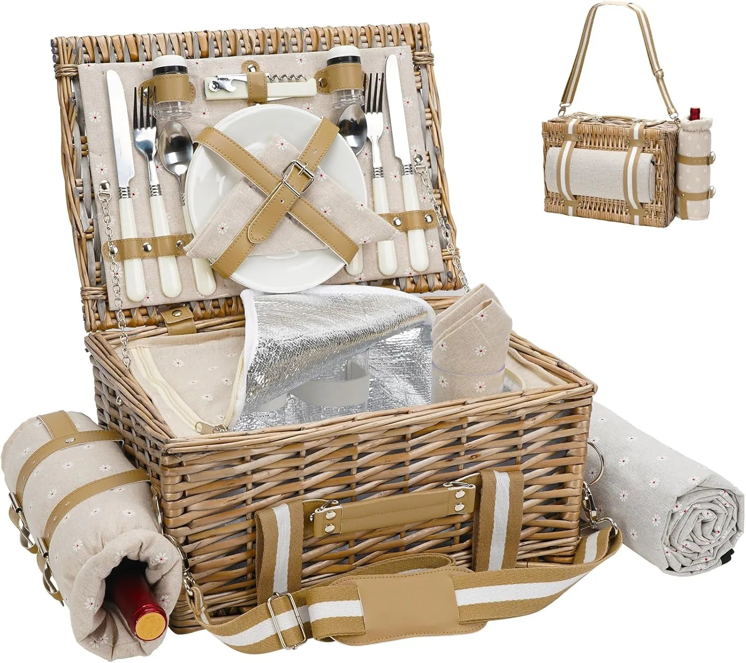 G GOOD GAIN wicker picnic basket set with white flower design displayed