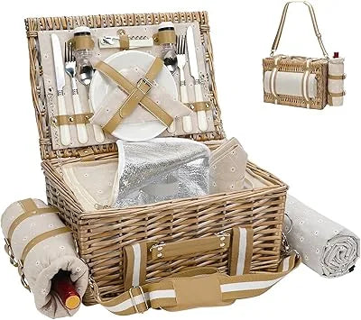 Wicker picnic hamper showing side detail and insulated cooler compartment