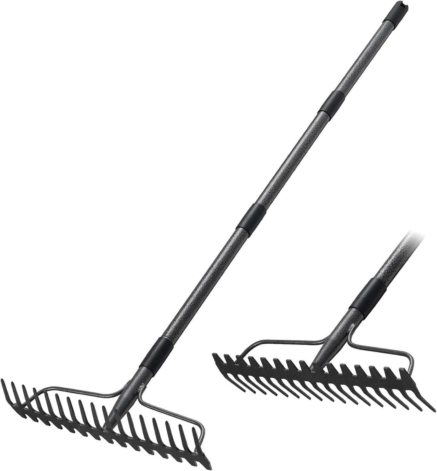 Heavy duty metal garden rake with 63 inch long handle and 17 tongs