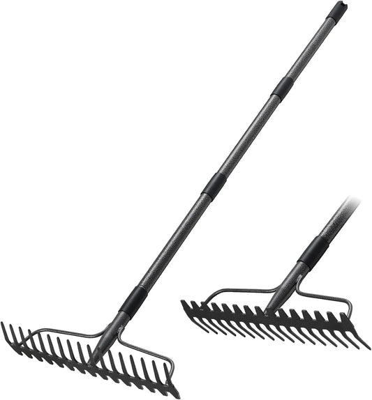 Heavy duty metal garden rake with 63 inch long handle and 17 tongs