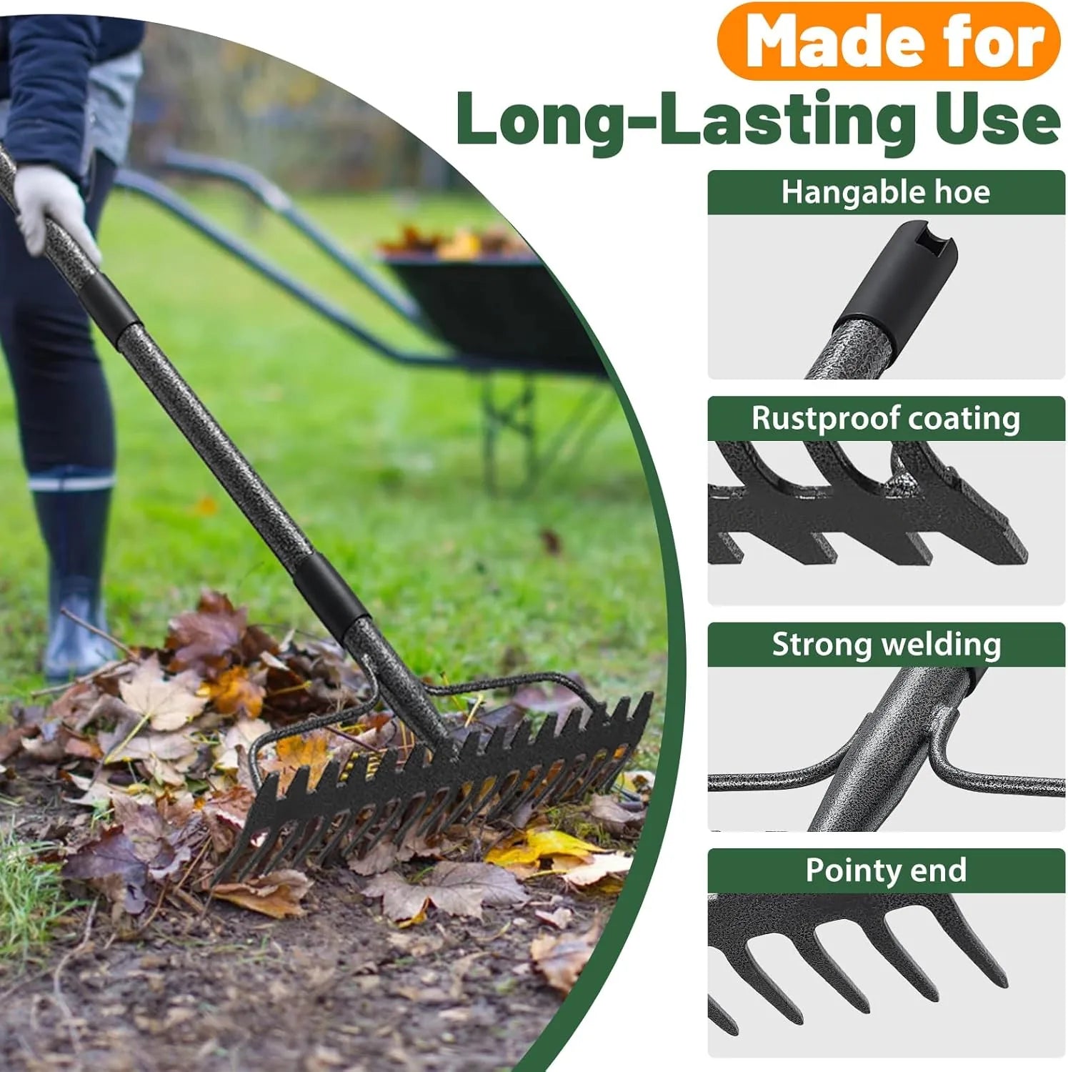 Metal yard rake with extended handle for garden weeding leaf raking tasks