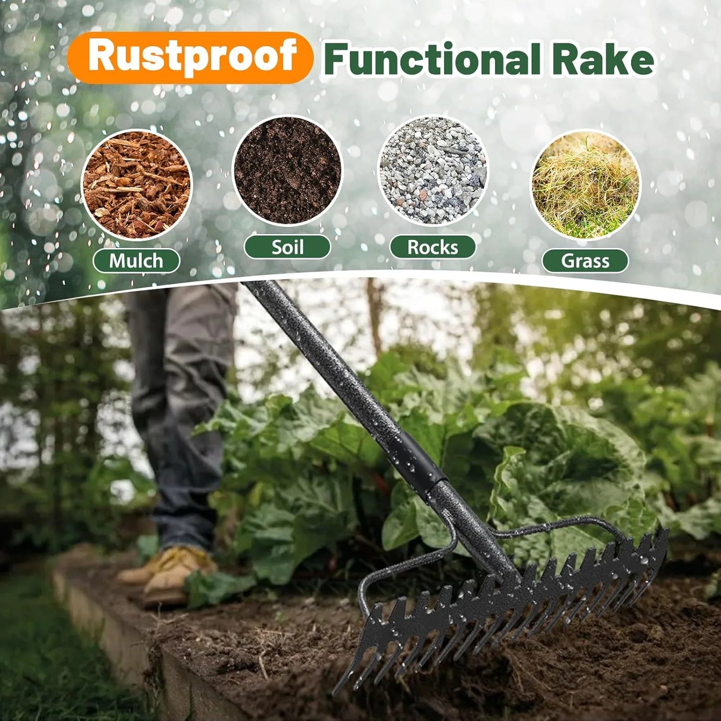 Garden tool bow rake 63 inch handle for soil preparation and thatch