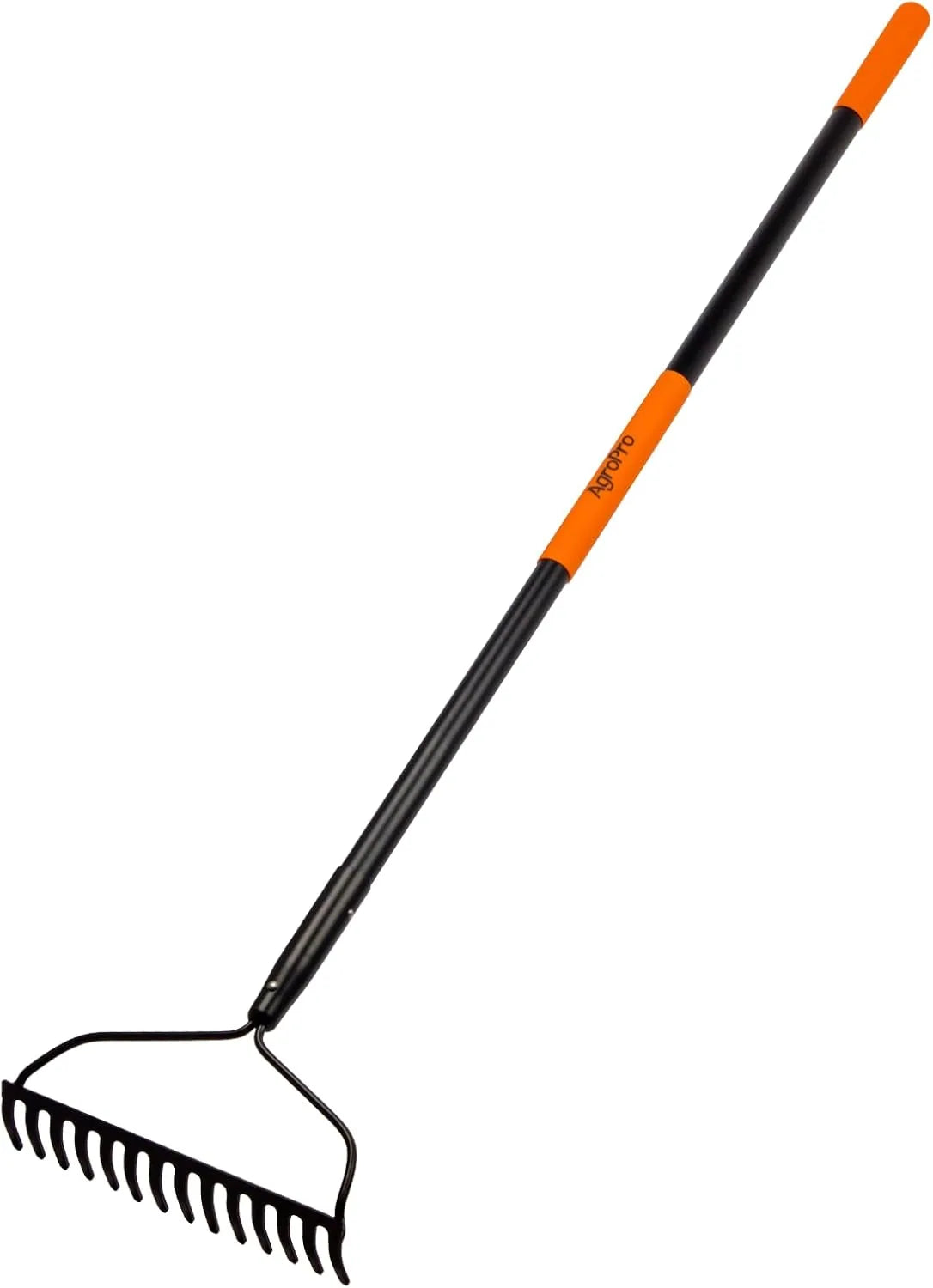 Heavy duty garden rake with 14 metal tines and fiberglass handle