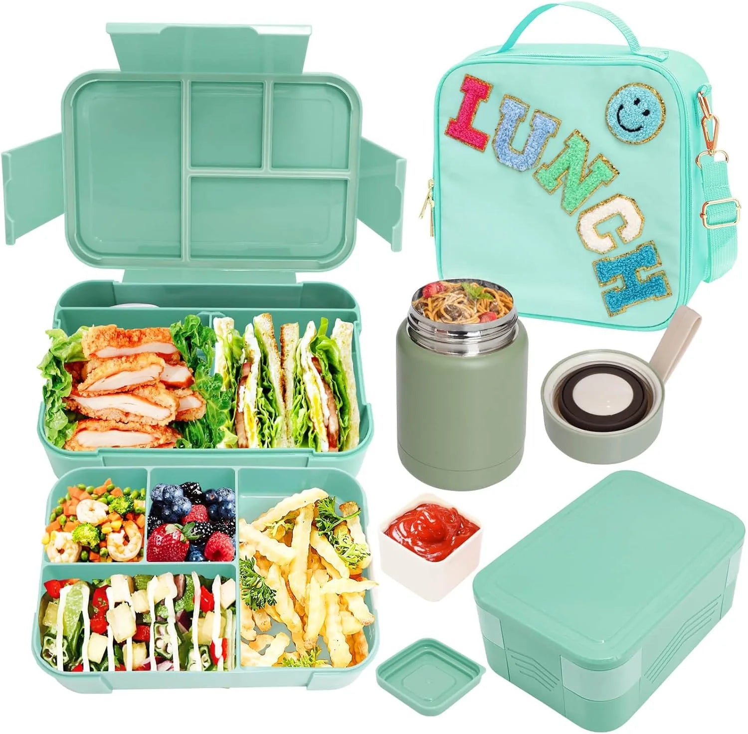 Girl lunch bag with ento box and insulated compartments in preppy green
