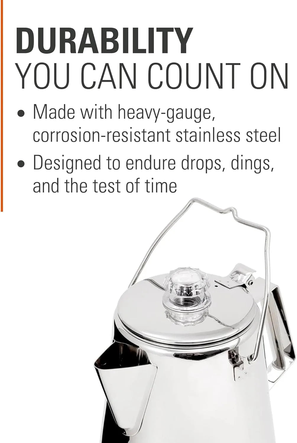 Ultra-rugged GSI Outdoors coffee percolator designed for stove and fire brewing