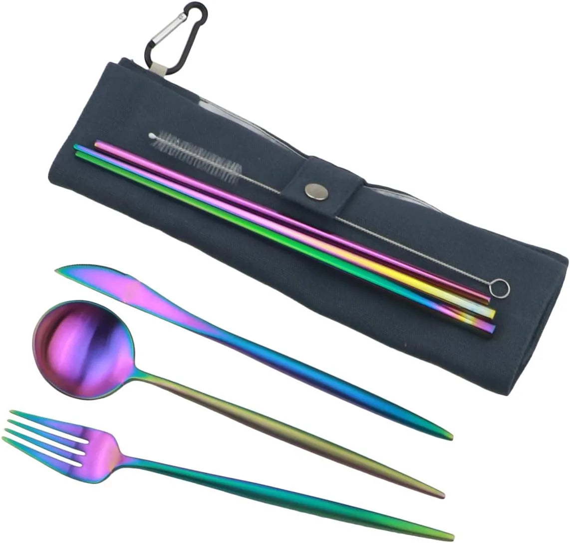 Eco-friendly portable silverware set including fork spoon knife chopsticks and cleaning brush