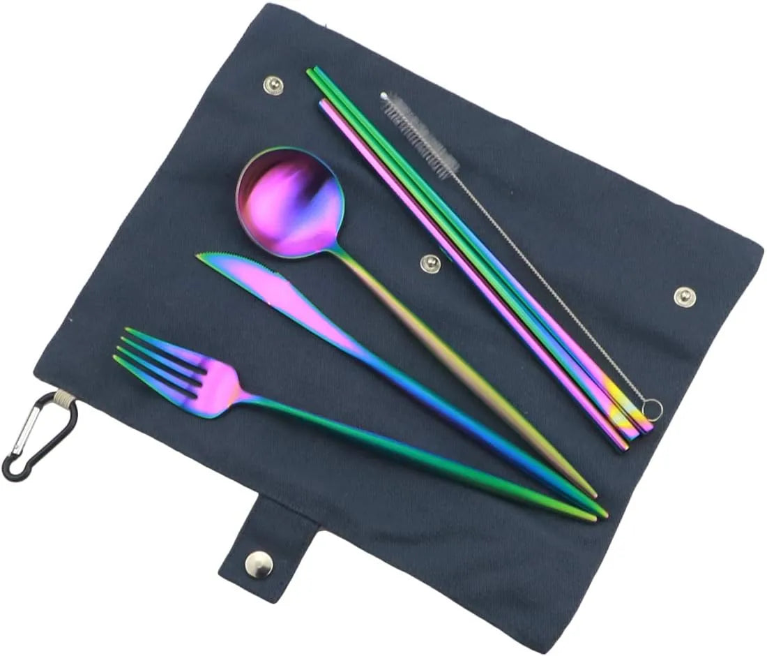 Portable camping silverware set Gugrida seven piece stainless steel cutlery with brush