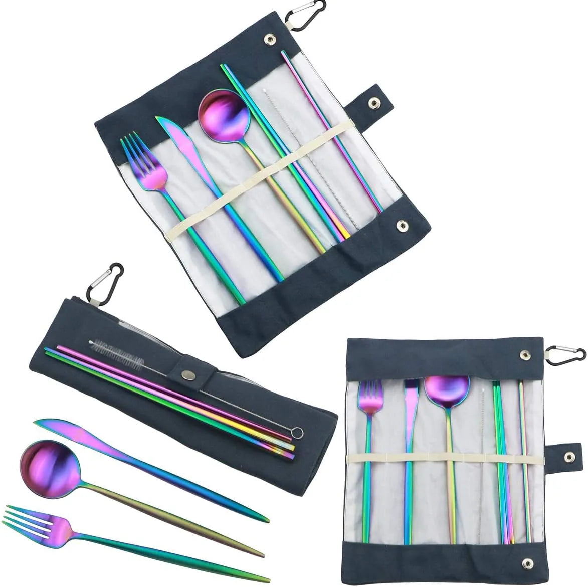 Dishwasher safe portable utensil set stainless steel camping silverware with carrying pouch