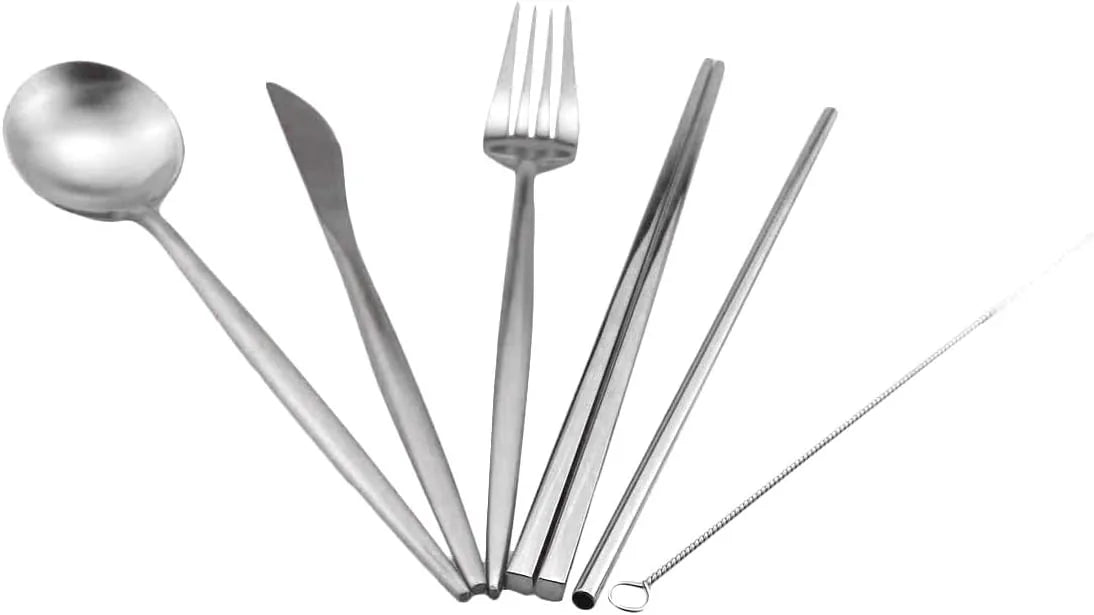 Eco-friendly travel cutlery set with reusable utensils and convenient storage pouch
