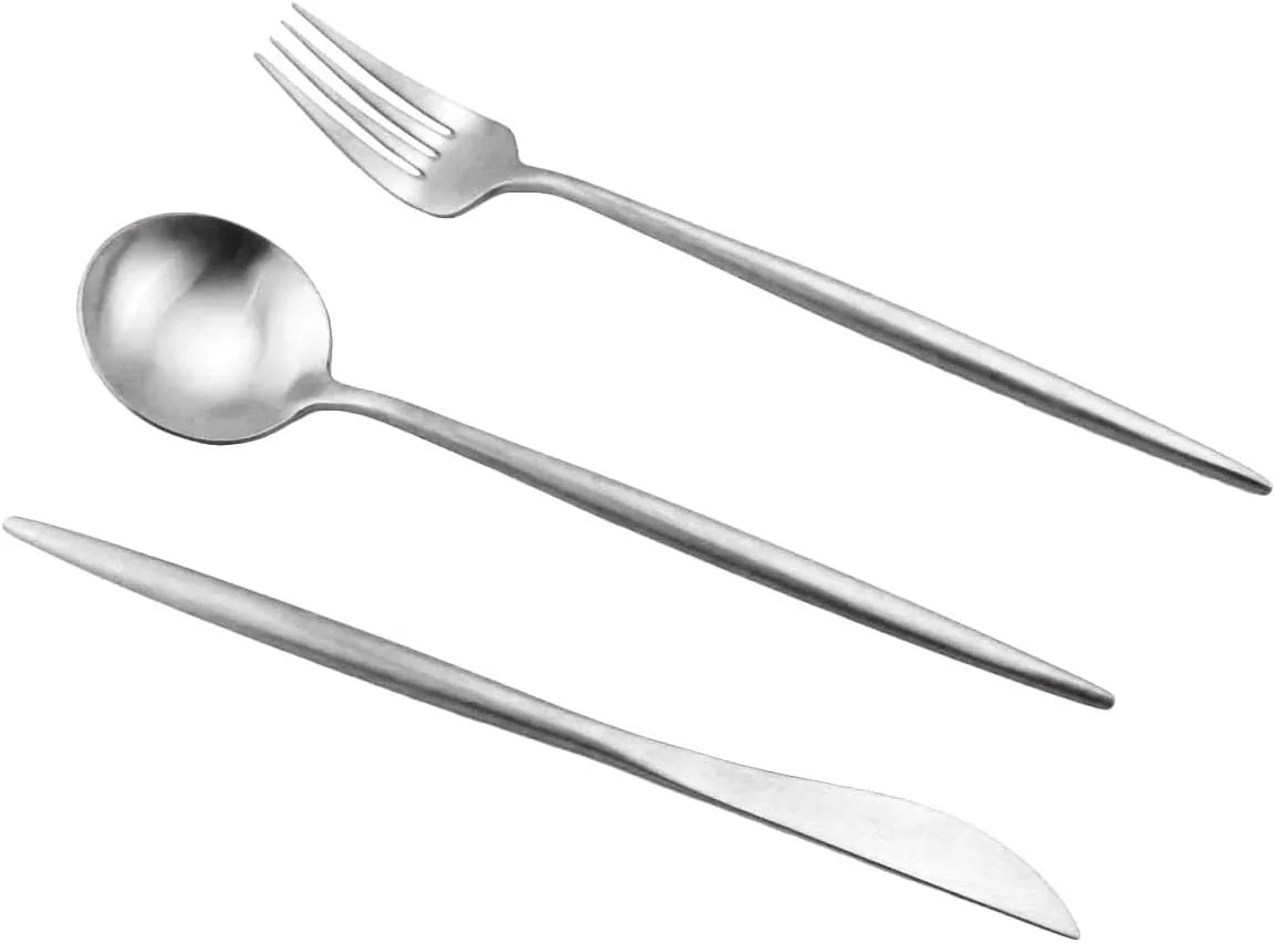 Camping silverware collection featuring stainless steel utensils with portable carrying case
