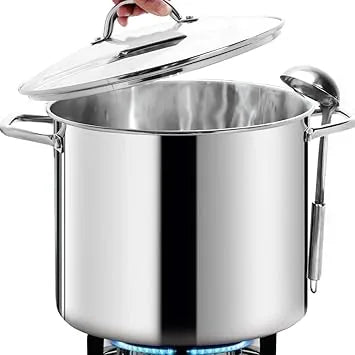 Large polished nickel free stockpot displayed at side angle view