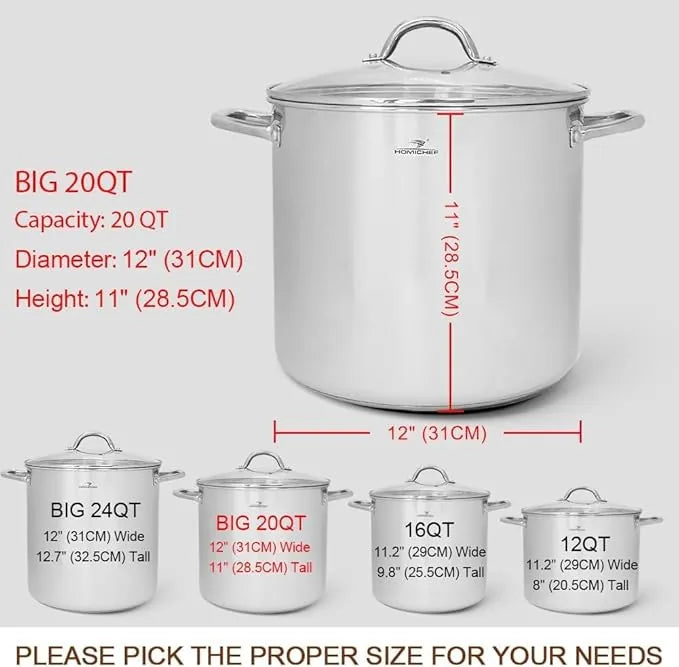 Large 20 quart stock pot showing size and capacity dimensions