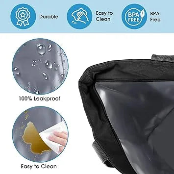 Insulated cooler bag displayed next to standard water bottle for size comparison